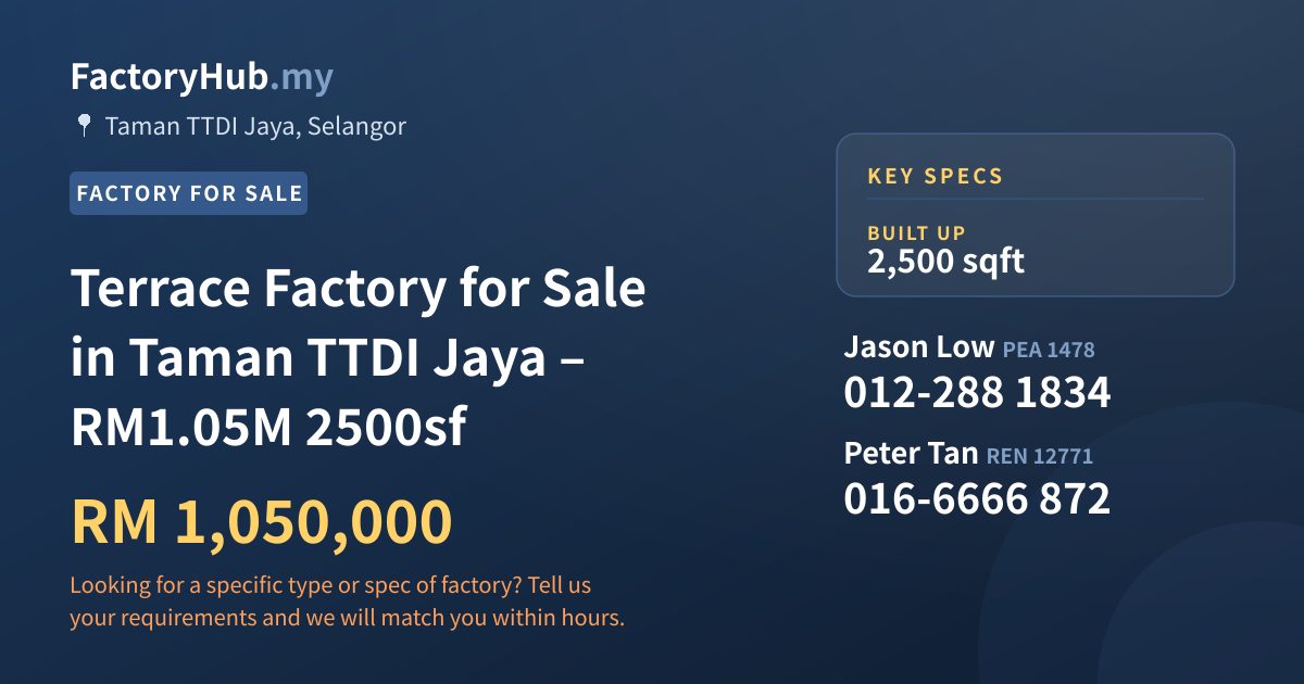 Factory For Sale - Terrace Factory for Sale in Taman TTDI Jaya – RM1.05M 2500sf - Taman TTDI Jaya, Selangor