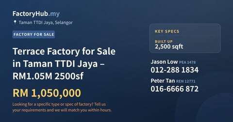 Factory For Sale - Terrace Factory for Sale in Taman TTDI Jaya – RM1.05M 2500sf - Taman TTDI Jaya, Selangor