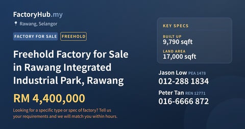 Factory For Sale - Freehold Factory for Sale in Rawang Integrated Industrial Park, Rawang - Rawang, Selangor