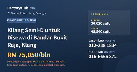 Kilang Untuk Disewa - Kilang Semi-D untuk Disewa di Bandar Bukit Raja, Klang - Bandar Puteri Klang, Selangor