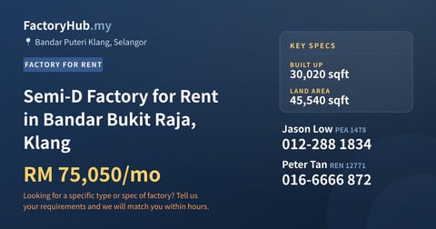 Factory For Rent - Semi-D Factory for Rent in Bandar Bukit Raja, Klang - Bandar Puteri Klang, Selangor