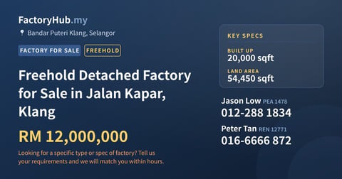 Factory For Sale - Freehold Detached Factory for Sale in Jalan Kapar, Klang - Bandar Puteri Klang, Selangor