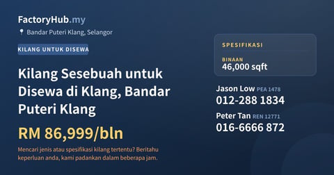Kilang Untuk Disewa - Kilang Sesebuah untuk Disewa di Klang, Bandar Puteri Klang - Bandar Puteri Klang, Selangor