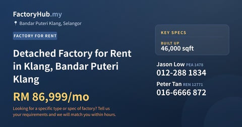 Factory For Rent - Detached Factory for Rent in Klang, Bandar Puteri Klang - Bandar Puteri Klang, Selangor