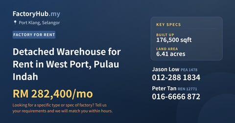 Factory For Rent - Detached Warehouse for Rent in West Port, Pulau Indah - Port Klang, Selangor