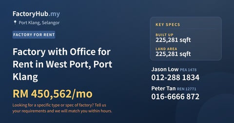 Factory For Rent - Factory with Office for Rent in West Port, Port Klang - Port Klang, Selangor
