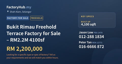 Factory For Sale - Bukit Rimau Freehold Terrace Factory for Sale – RM2.2M 4100sf - Shah Alam, Selangor