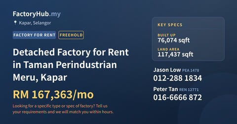 Factory For Rent - Detached Factory for Rent in Taman Perindustrian Meru, Kapar - Kapar, Selangor