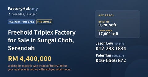Factory For Sale - Freehold Triplex Factory for Sale in Sungai Choh, Serendah - Serendah, Selangor