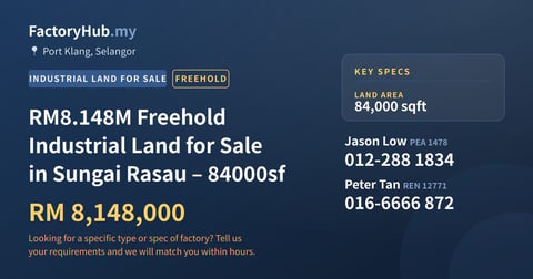 Land For Sale - RM8.148M Freehold Industrial Land for Sale in Sungai Rasau – 84000sf - Port Klang, Selangor