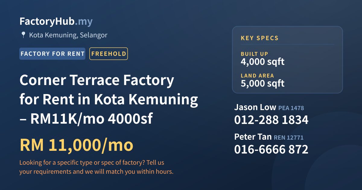 Factory For Rent - Corner Terrace Factory for Rent in Kota Kemuning – RM11K/mo 4000sf - Kota Kemuning, Selangor