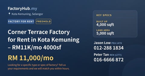 Factory For Rent - Corner Terrace Factory for Rent in Kota Kemuning – RM11K/mo 4000sf - Kota Kemuning, Selangor