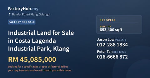 Factory For Sale - Industrial Land for Sale in Costa Lagenda Industrial Park, Klang - Bandar Puteri Klang, Selangor