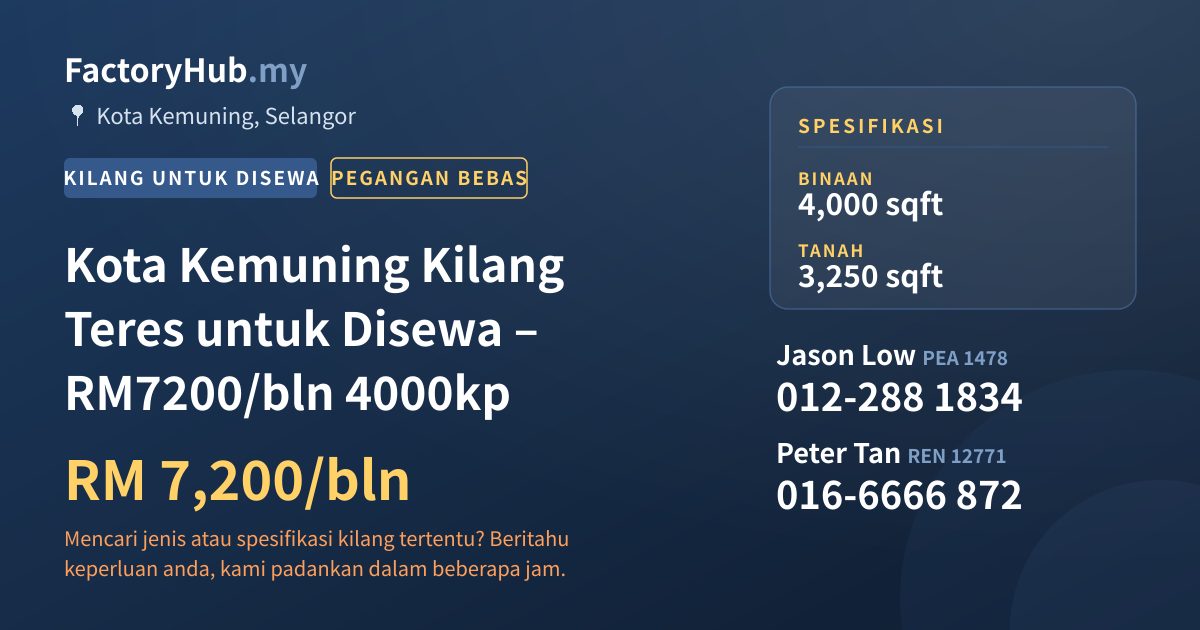 Kilang Untuk Disewa - Kota Kemuning Kilang Teres untuk Disewa – RM7200/bln 4000kp - Kota Kemuning, Selangor