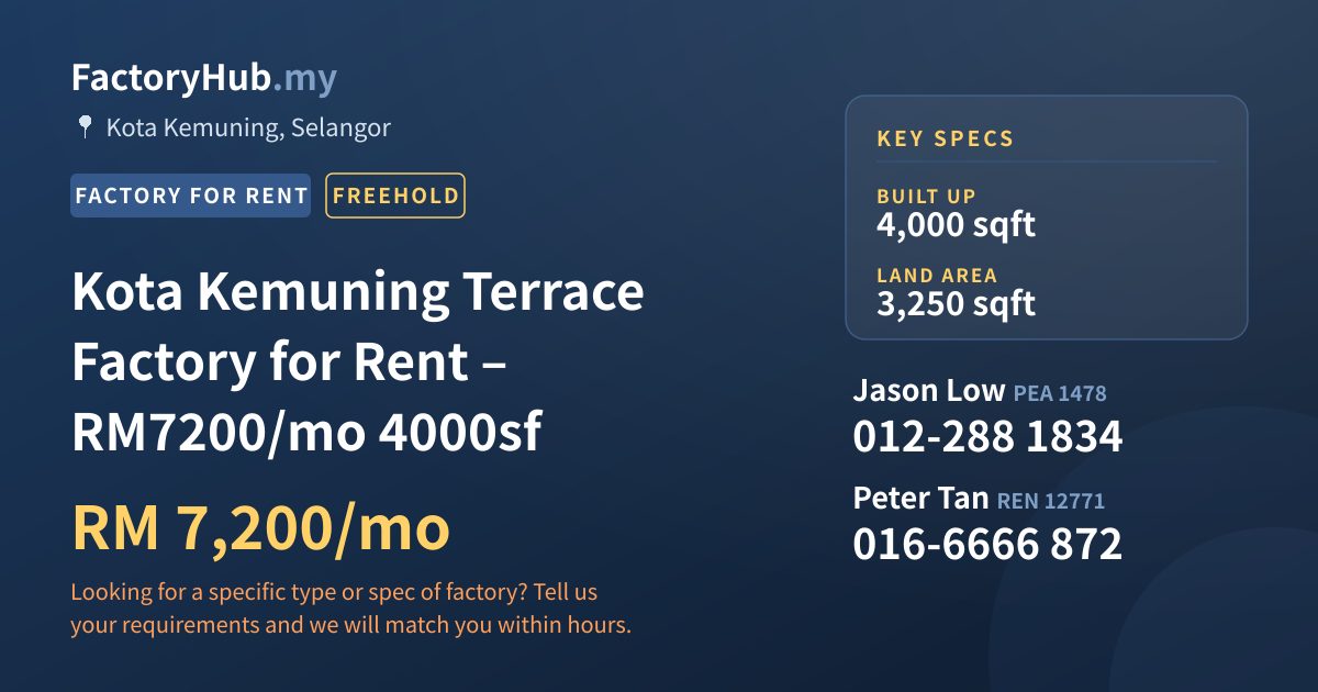 Factory For Rent - Kota Kemuning Terrace Factory for Rent – RM7200/mo 4000sf - Kota Kemuning, Selangor