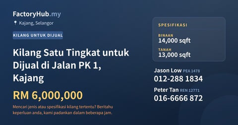 Kilang Untuk Dijual - Kilang Satu Tingkat untuk Dijual di Jalan PK 1, Kajang - Kajang, Selangor