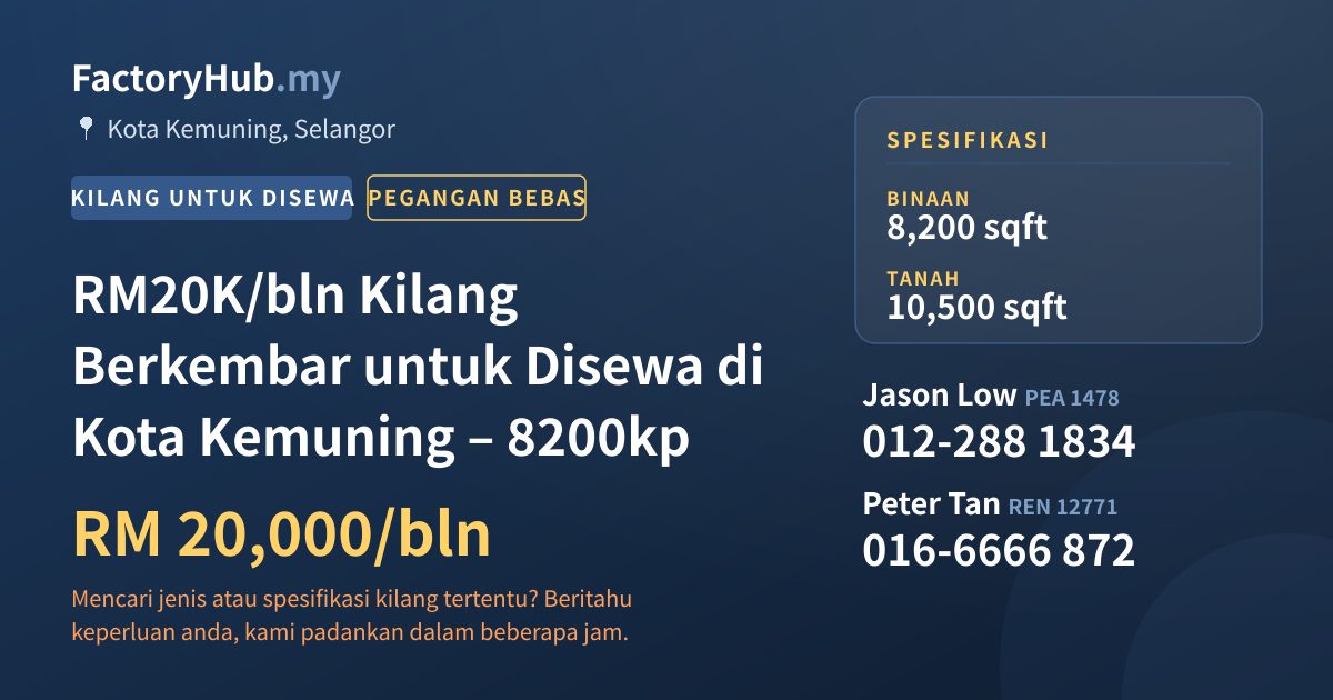 Kilang Untuk Disewa - RM20K/bln Kilang Berkembar untuk Disewa di Kota Kemuning – 8200kp - Kota Kemuning, Selangor
