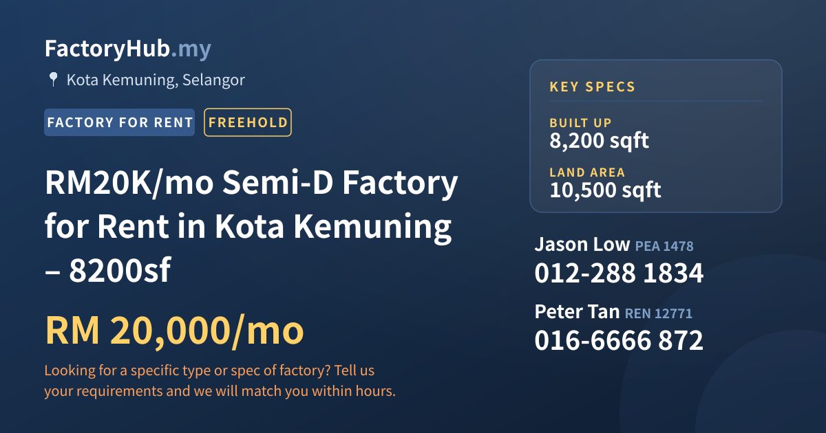 Factory For Rent - RM20K/mo Semi-D Factory for Rent in Kota Kemuning – 8200sf - Kota Kemuning, Selangor