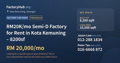 Factory For Rent - RM20K/mo Semi-D Factory for Rent in Kota Kemuning – 8200sf - Kota Kemuning, Selangor