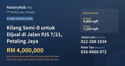 Kilang Untuk Dijual - Kilang Semi-D untuk Dijual di Jalan PJS 7/21, Petaling Jaya - Petaling Jaya, Selangor
