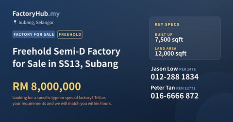 Factory For Sale - Freehold Semi-D Factory for Sale in SS13, Subang - Subang, Selangor