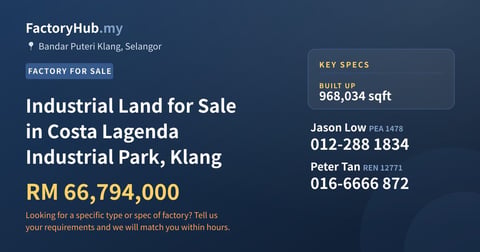 Factory For Sale - Industrial Land for Sale in Costa Lagenda Industrial Park, Klang - Bandar Puteri Klang, Selangor