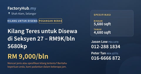 Kilang Untuk Disewa - Kilang Teres untuk Disewa di Seksyen 27 – RM9K/bln 5680kp - Shah Alam, Selangor
