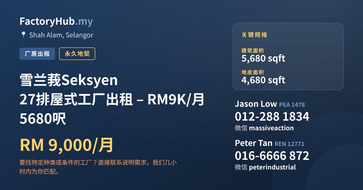 工厂 出租 - 雪兰莪Seksyen 27排屋式工厂出租 – RM9K/月 5680呎 - Shah Alam, Selangor