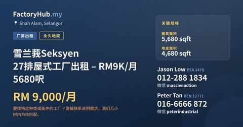 工厂 出租 - 雪兰莪Seksyen 27排屋式工厂出租 – RM9K/月 5680呎 - Shah Alam, Selangor