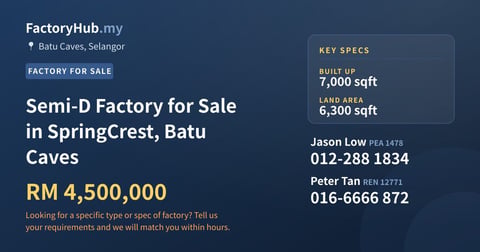 Factory For Sale - Semi-D Factory for Sale in SpringCrest, Batu Caves - Batu Caves, Selangor