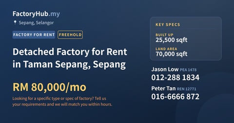 Factory For Rent - Detached Factory for Rent in Taman Sepang, Sepang - Sepang, Selangor