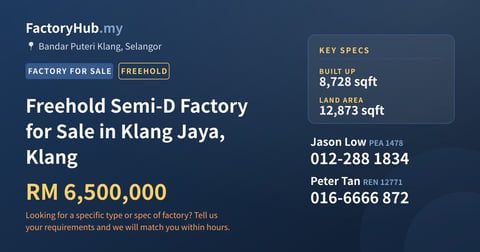 Factory For Sale - Freehold Semi-D Factory for Sale in Klang Jaya, Klang - Bandar Puteri Klang, Selangor