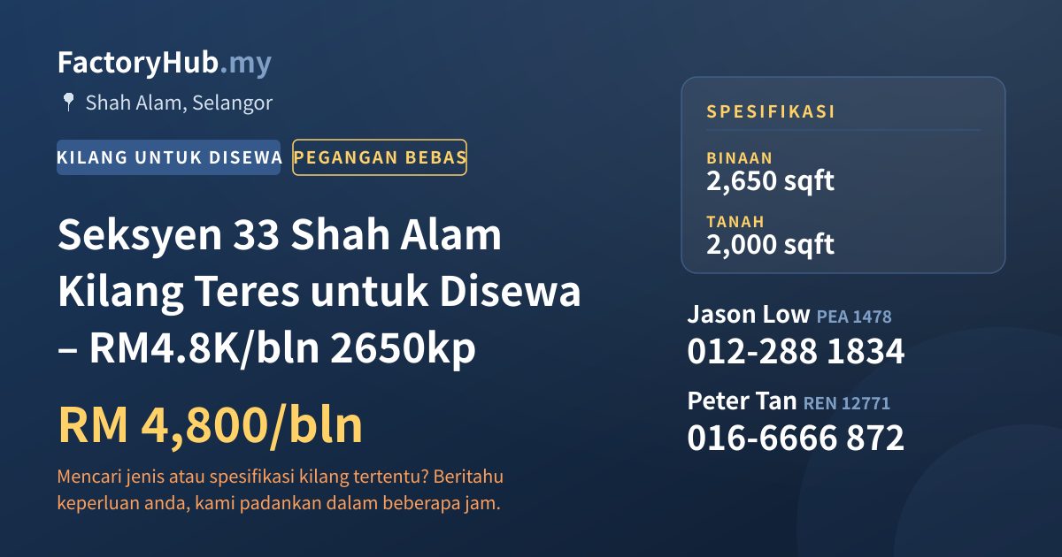 Kilang Untuk Disewa - Seksyen 33 Shah Alam Kilang Teres untuk Disewa – RM4.8K/bln 2650kp - Shah Alam, Selangor