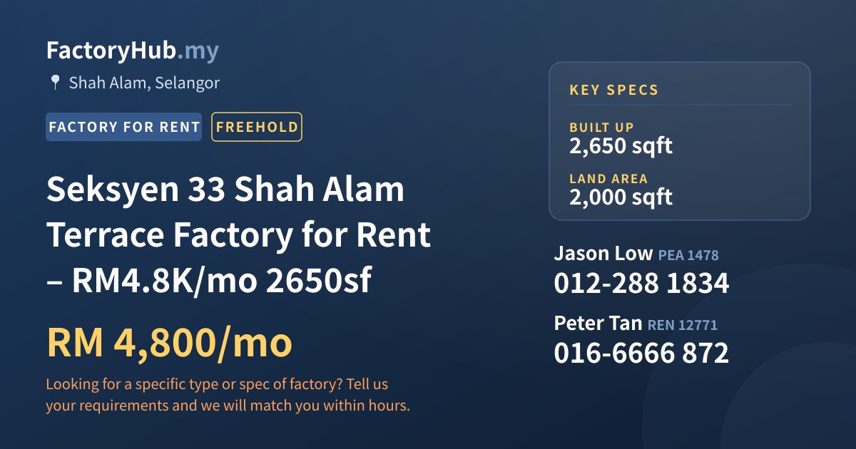 Factory For Rent - Seksyen 33 Shah Alam Terrace Factory for Rent – RM4.8K/mo 2650sf - Shah Alam, Selangor