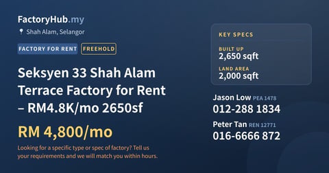 Factory For Rent - Seksyen 33 Shah Alam Terrace Factory for Rent – RM4.8K/mo 2650sf - Shah Alam, Selangor