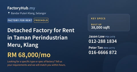 Factory For Rent - Detached Factory for Rent in Taman Perindustrian Meru, Klang - Bandar Puteri Klang, Selangor
