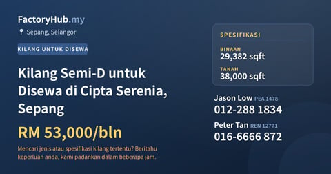 Kilang Untuk Disewa - Kilang Semi-D untuk Disewa di Cipta Serenia, Sepang - Sepang, Selangor