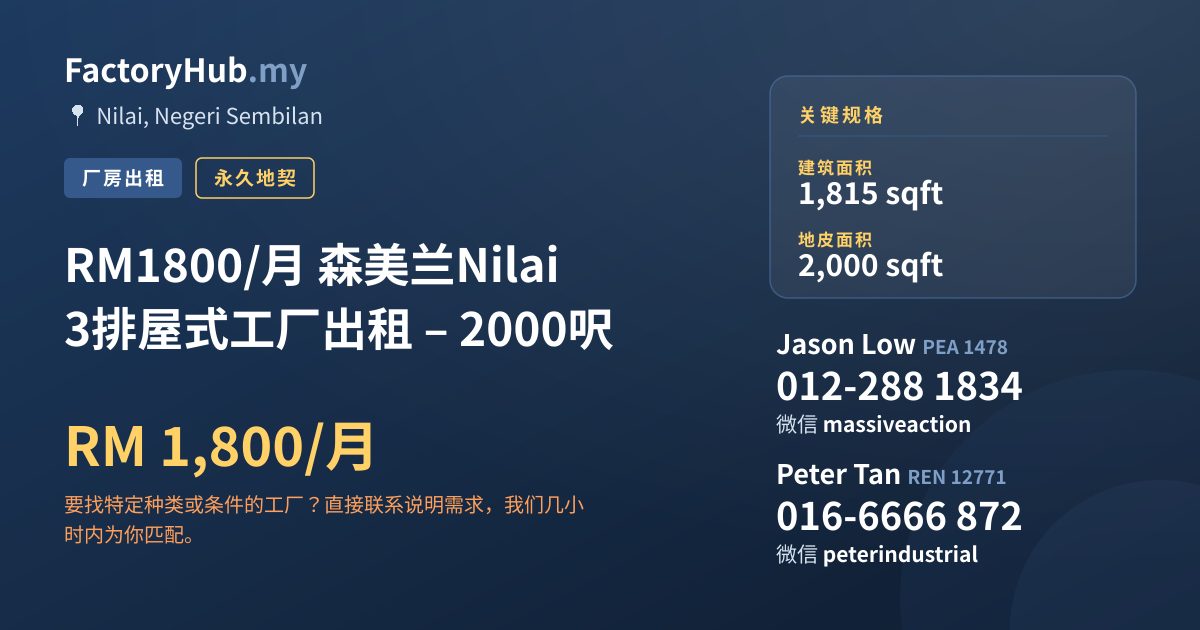 工厂 出租 - RM1800/月 森美兰Nilai 3排屋式工厂出租 – 2000呎 - Nilai, Negeri Sembilan