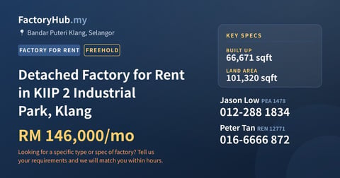 Factory For Rent - Detached Factory for Rent in KIIP 2 Industrial Park, Klang - Bandar Puteri Klang, Selangor
