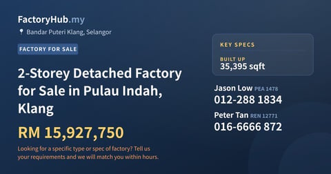 Factory For Sale - 2-Storey Detached Factory for Sale in Pulau Indah, Klang - Bandar Puteri Klang, Selangor
