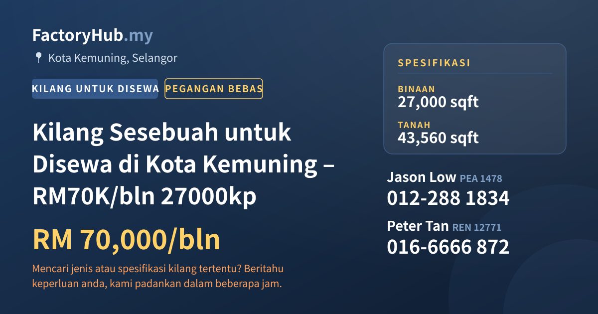 Kilang Untuk Disewa - Kilang Sesebuah untuk Disewa di Kota Kemuning – RM70K/bln 27000kp - Kota Kemuning, Selangor