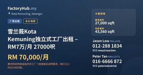 工厂 出租 - 雪兰莪Kota Kemuning独立式工厂出租 – RM7万/月 27000呎 - Kota Kemuning, Selangor
