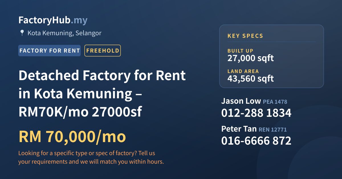 Factory For Rent - Detached Factory for Rent in Kota Kemuning – RM70K/mo 27000sf - Kota Kemuning, Selangor