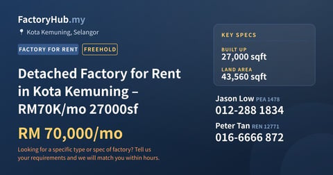 Factory For Rent - Detached Factory for Rent in Kota Kemuning – RM70K/mo 27000sf - Kota Kemuning, Selangor