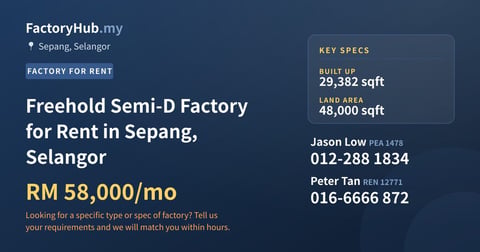 Factory For Rent - Freehold Semi-D Factory for Rent in Sepang, Selangor - Sepang, Selangor