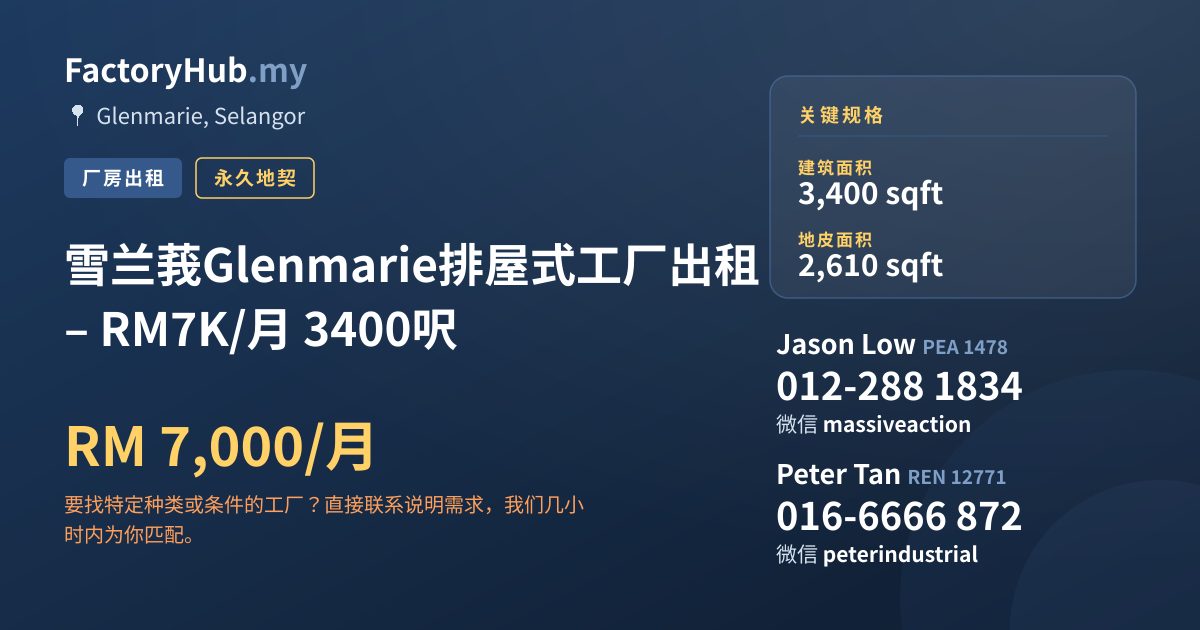 工厂 出租 - 雪兰莪Glenmarie排屋式工厂出租 – RM7K/月 3400呎 - Glenmarie, Selangor