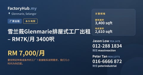 工厂 出租 - 雪兰莪Glenmarie排屋式工厂出租 – RM7K/月 3400呎 - Glenmarie, Selangor