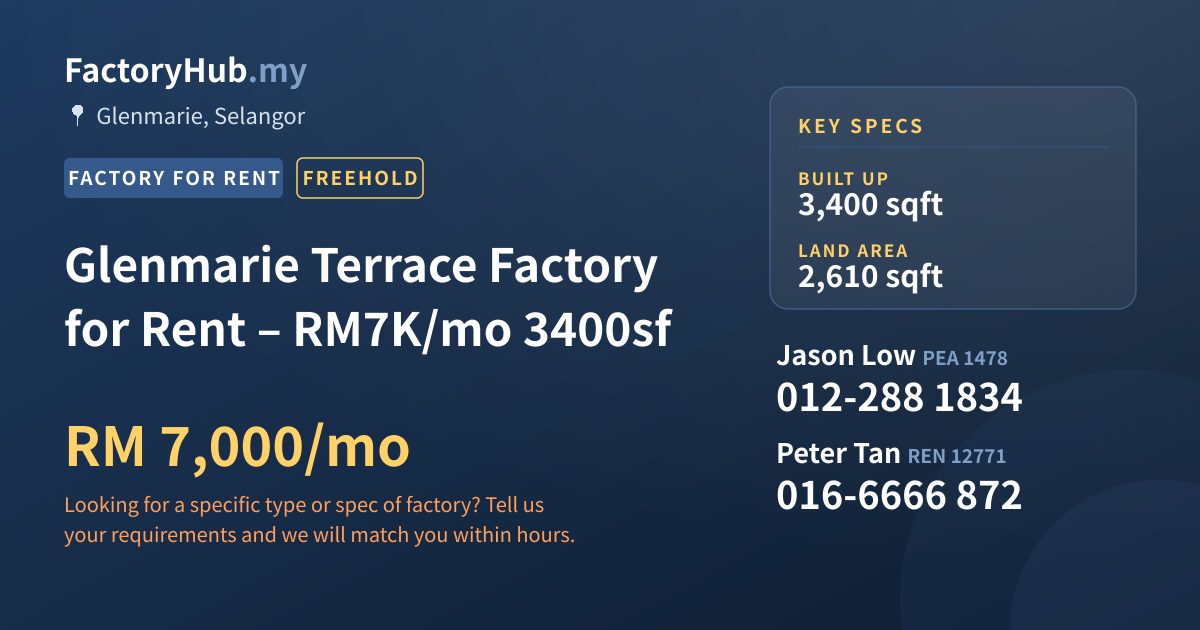 Factory For Rent - Glenmarie Terrace Factory for Rent – RM7K/mo 3400sf - Glenmarie, Selangor