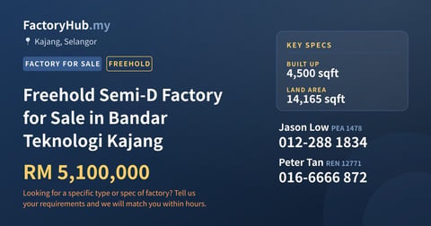 Factory For Sale - Freehold Semi-D Factory for Sale in Bandar Teknologi Kajang - Kajang, Selangor
