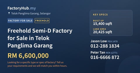 Factory For Sale - Freehold Semi-D Factory for Sale in Telok Panglima Garang - Telok Panglima Garang, Selangor